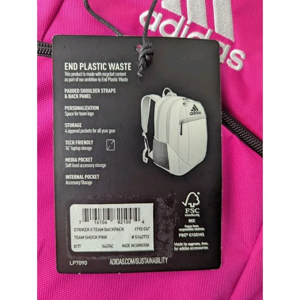 Adidas Striker II Team School Backpack Media Pocket Laptop Storage Shock Pink